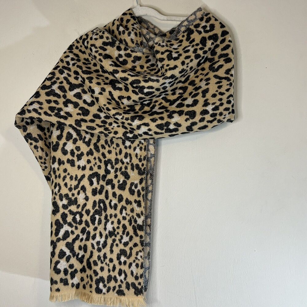 Leopard Print Blanket Scarf Fringe Tan Black Animal Print 80” X 25” Mob Wife